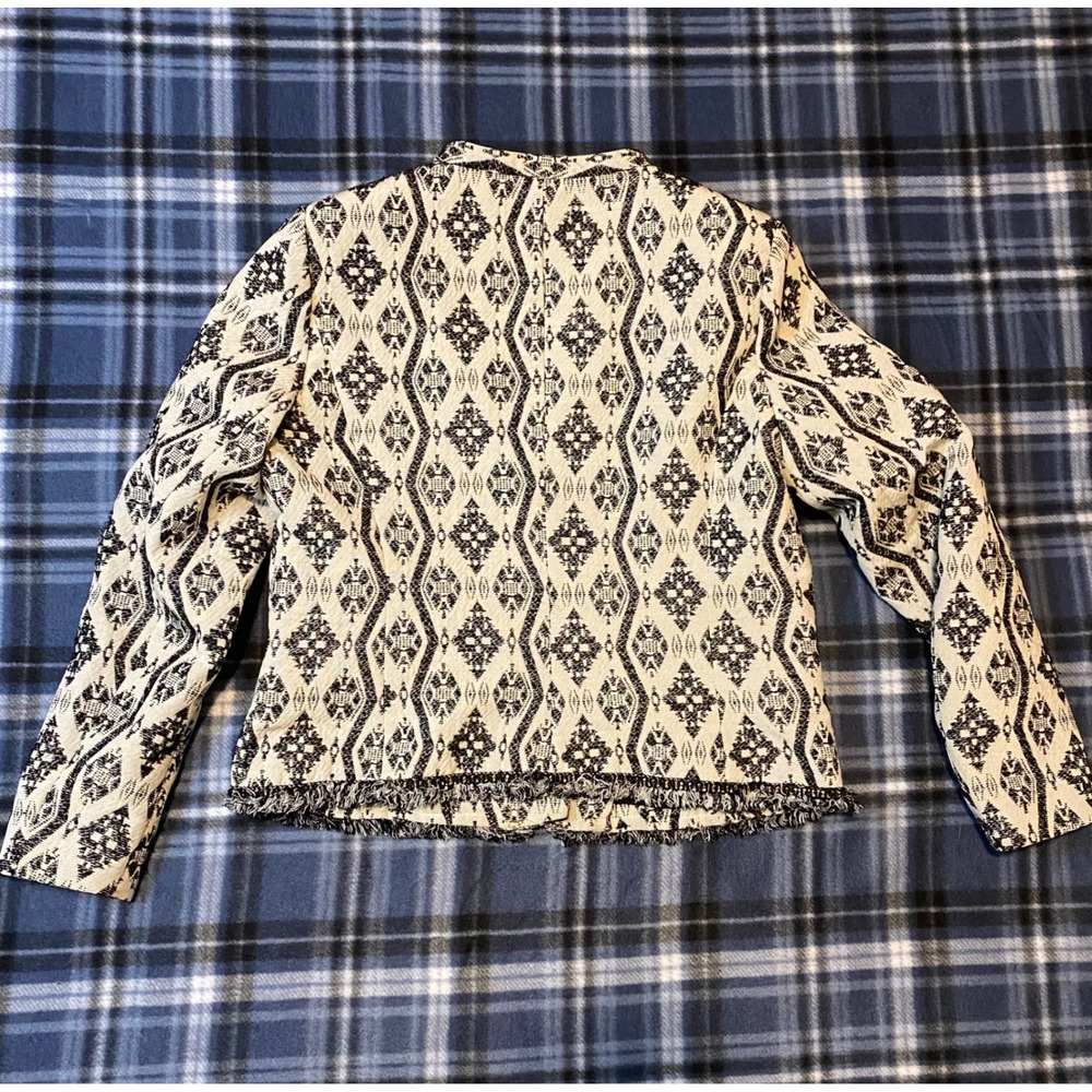 HM Women Black Cream Geometric Jacquard Fringe Moto Jacket Size 12 O/N - Picture 3 of 8